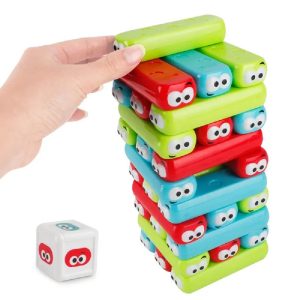 Emoji Jenga torony - színes, készségfejlesztő, ügyességi társasjáték - dobókockával, arckifejezés matricákkkal és 30 db műanyag építőelemmel (BBLPJ) - Image 6