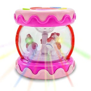 Világító, forgó, zenélő elemes körhinta aranyos lovacskákkal - 10,5 x 11,5 cm - rózsaszín (BBJ) - Image 1