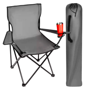 Összecsukható és könnyen hordozható kempingszék italtartós karfával és 100 kg teherbírással - szürke horgászszék (BBL) - Image 15
