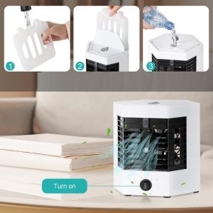 Mini hordozható USB asztali léghűtő, légkondicionáló ventilátor jégdobozzal - 2 sebességgel és fogantyúval (BBV) - Image 7
