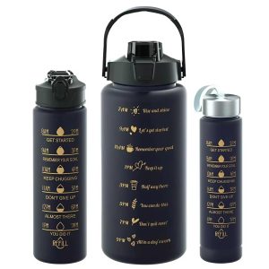 Háromrészes motivációs kulacs szett, fekete színben, 2L, 900 ml és 300 ml méretű palackokkal