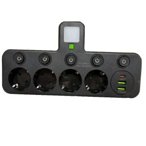 6 az 1-ben asztali töltőállomás – 4 konnektor, 2 USB + 1 USB-C porttal, kompakt elosztó otthonra és irodába HG-278 (BBJH) (BBD) - Image 6