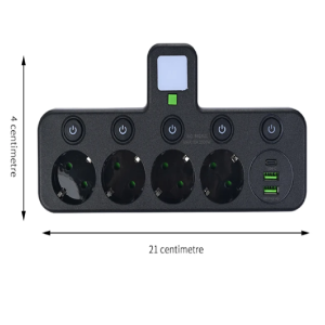6 az 1-ben asztali töltőállomás – 4 konnektor, 2 USB + 1 USB-C porttal, kompakt elosztó otthonra és irodába HG-278 (BBJH) (BBD) - Image 7