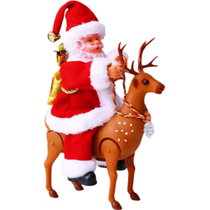 Mozgó és zenélő Mikulás figura rénszarvason – 22 cm-es karácsonyi dekoráció hanghatásokkal és fényekkel HS1219-12 (BBJ)