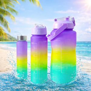 Háromrészes motivációs kulacs szett, lila-sárga-kék színkombinációban, 2L, 900 ml és 300 ml méretű palackokkal - Image 6