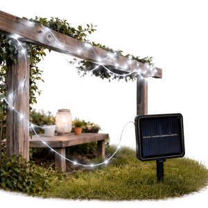 10 Méteres napelemes LED fényfüzér 100 hidegfehér leddel – kültéri dekorációs világítás kertbe, teraszra és erkélyre (FX) (BBV)