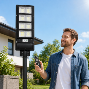 HAYAMI KL25-298 napelemes LED utcai lámpa 210 LED-del – kültéri mozgásérzékelős udvari világítás távirányítóval (BBD) - Image 2