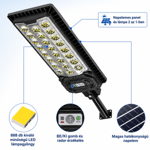 Napelemes utcai LED lámpa 888 LED – mozgásérzékelős kültéri reflektor távirányítóval IP66 W7114-3 (BBD) - Image 7