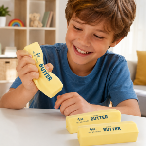 Butter squishy stresszoldó játék – puha nyomkodható hab fidget játék sárga kivitelben (BBE) - Image 2
